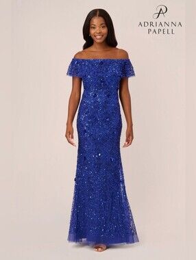 Adrianna Papell Off-Shoulder Beaded Evening Gown in Royal Blue